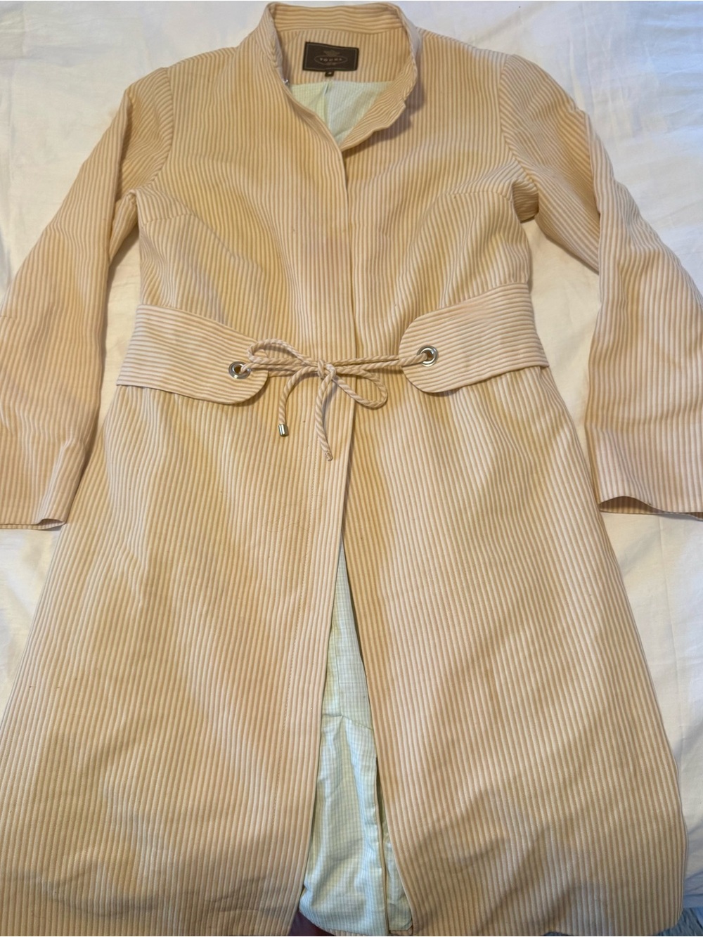 Tocca Cream-Striped Drawstring Waist Trench Coat